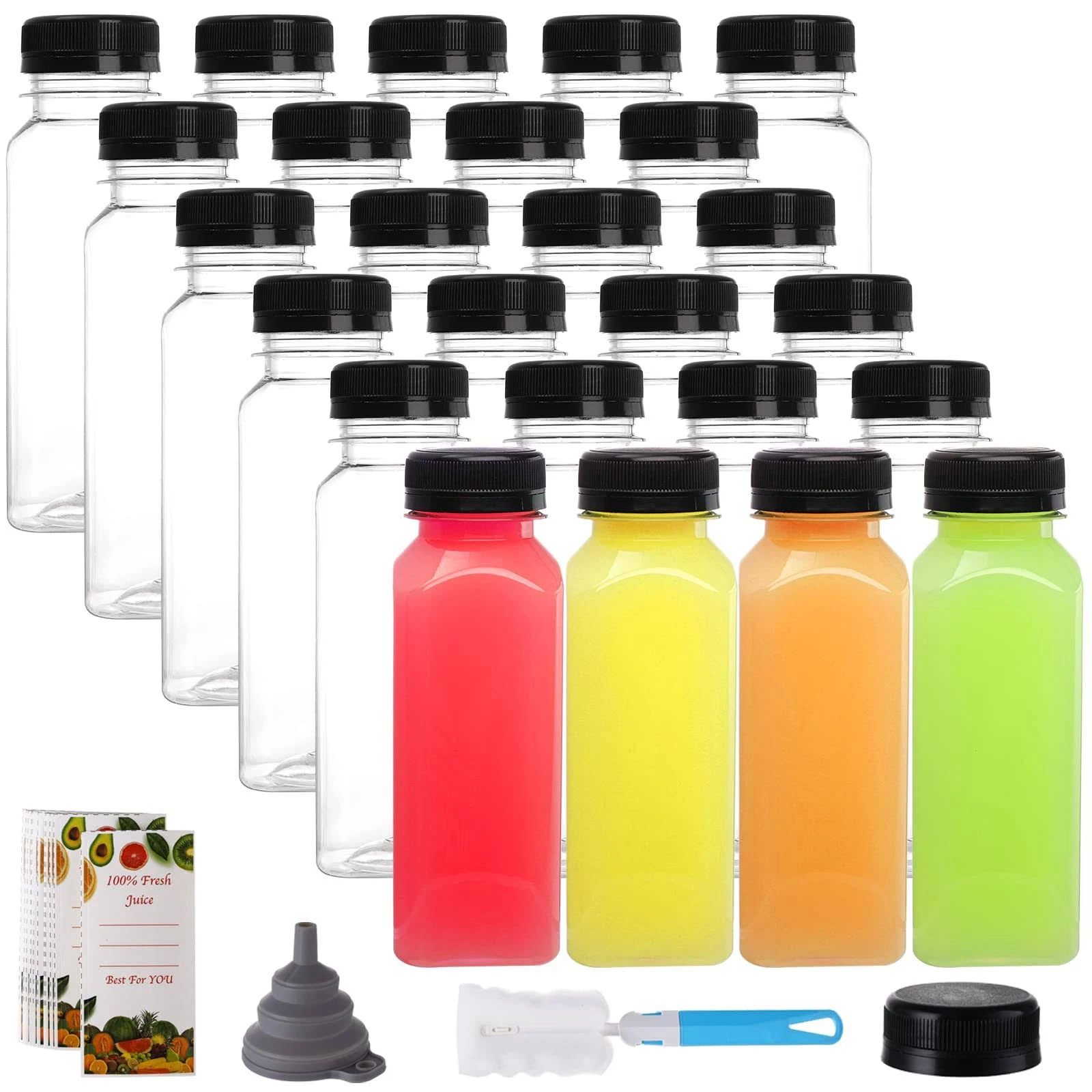 Cedilis 25 Pack 8 Oz Plastic Juice Bottles with Black Cap, Disposable Juice Drink Containers with Lids, Clear Reusable Bottles for Making Juice, Milk, Salad Dressing, Smoothie and Other Beverages