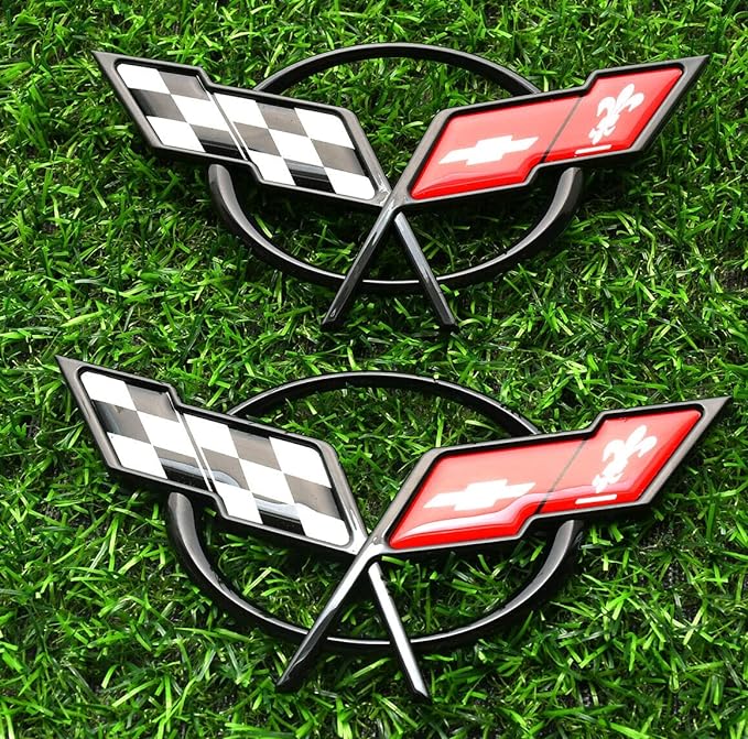 Pair Set 1997-2004 Corvette C5 Front Nose Emblem and Rear Deck Lid 3D Crossed Flags Badge Replacement for Corvette (Black Red)