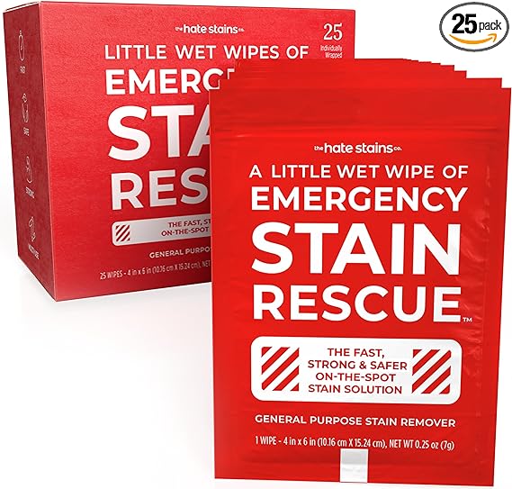 Emergency Stain Rescue Emergency Stain Remover Spray – 25 Wipes - Couch Stain Remover for Clothes, Fabric, Silk, Linen - Instant Cleaner Works On