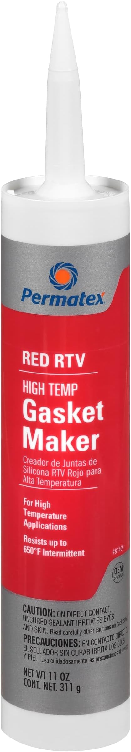 PERMATEX RTV Gasket Maker: High-Temp Red RTV, 11 oz, Cartridge, Red