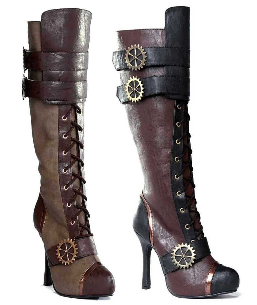 Ellie Women's '420-Quinley' Knee High Steampunk Boot - Brown - 12