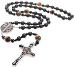 St Benedict Black Rosary Beads Catholic – Rugged Onyx Rosary – Handcrafted Stone Antique Rosary with Stainless Steel St Benedict Crucifix and Medal