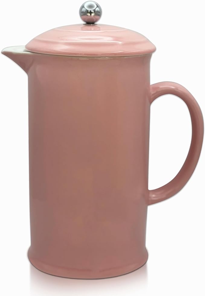 Pink French Press Coffee Maker Stoneware Vintage Cafetiere 34 Ounces Insulated Heat Retention Dishwasher Safe