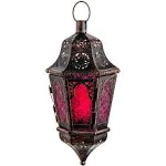 DECORKEY Lantern Decorative Indoor & Outdoor, 13.6’’ Moroccan Style Vintage Decorative Hanging Lantern with Chian for Home Porch Patio Decor, Metal Christmas Halloween Ramadan Candle Holders(Purple)