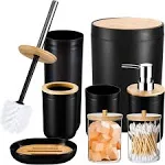 iMucci Bathroom Accessories Set with Trash Can,Toilet Brush,Toothbrush Holder, Lotion Soap Dispenser, Soap Dish,Toothbrush Cup,Qtip Holder(8Pcs White Bamboo Cover)