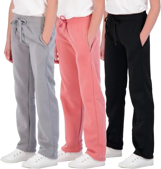 Real Essentials 3 Pack: Girls' Fleece Open Bottom Soft Athletic Performance Casual Sweatpants(Ages 7-16)