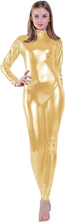 Kepblom Shiny Metallic Unitard Turtleneck Long Sleeve Footless Zentai Suit ...