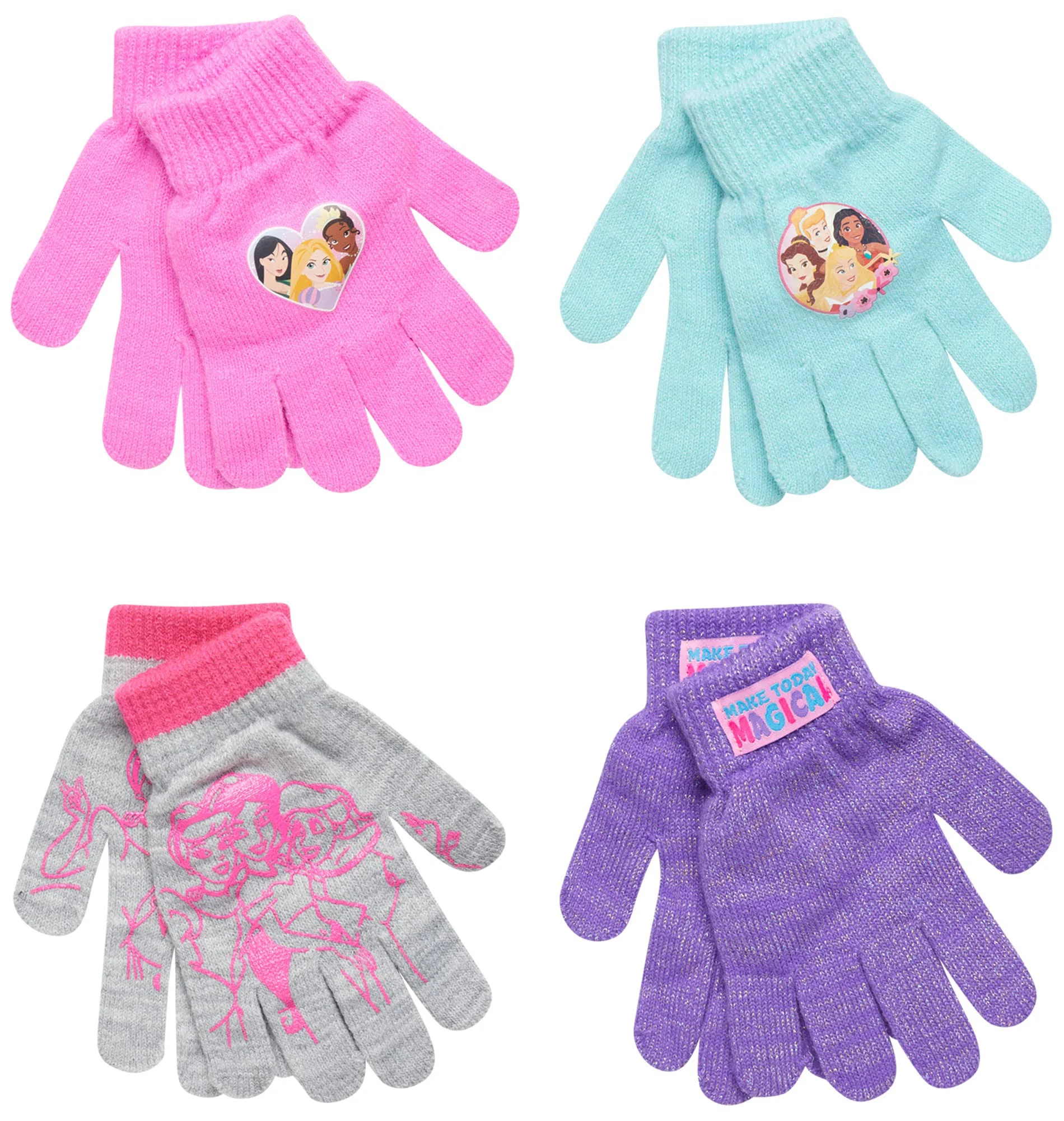 Disney Princess Winter Gloves - 4 Pack Mittens or Gloves, Girls Ages 2-7