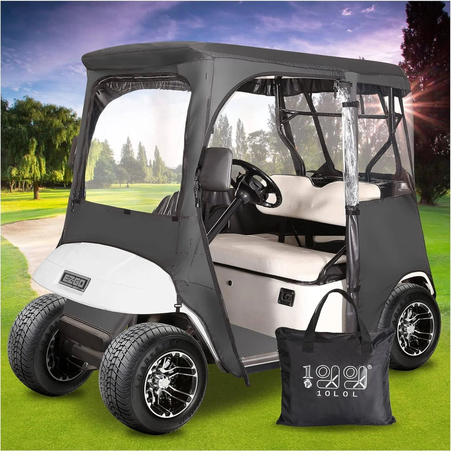 10L0L Golf Cart Deluxe Enclosure for EZGO TXT & RXV 2 Passenger, 4-Sided Clear PVC Window Rain Cover with Zipper Entry, Black