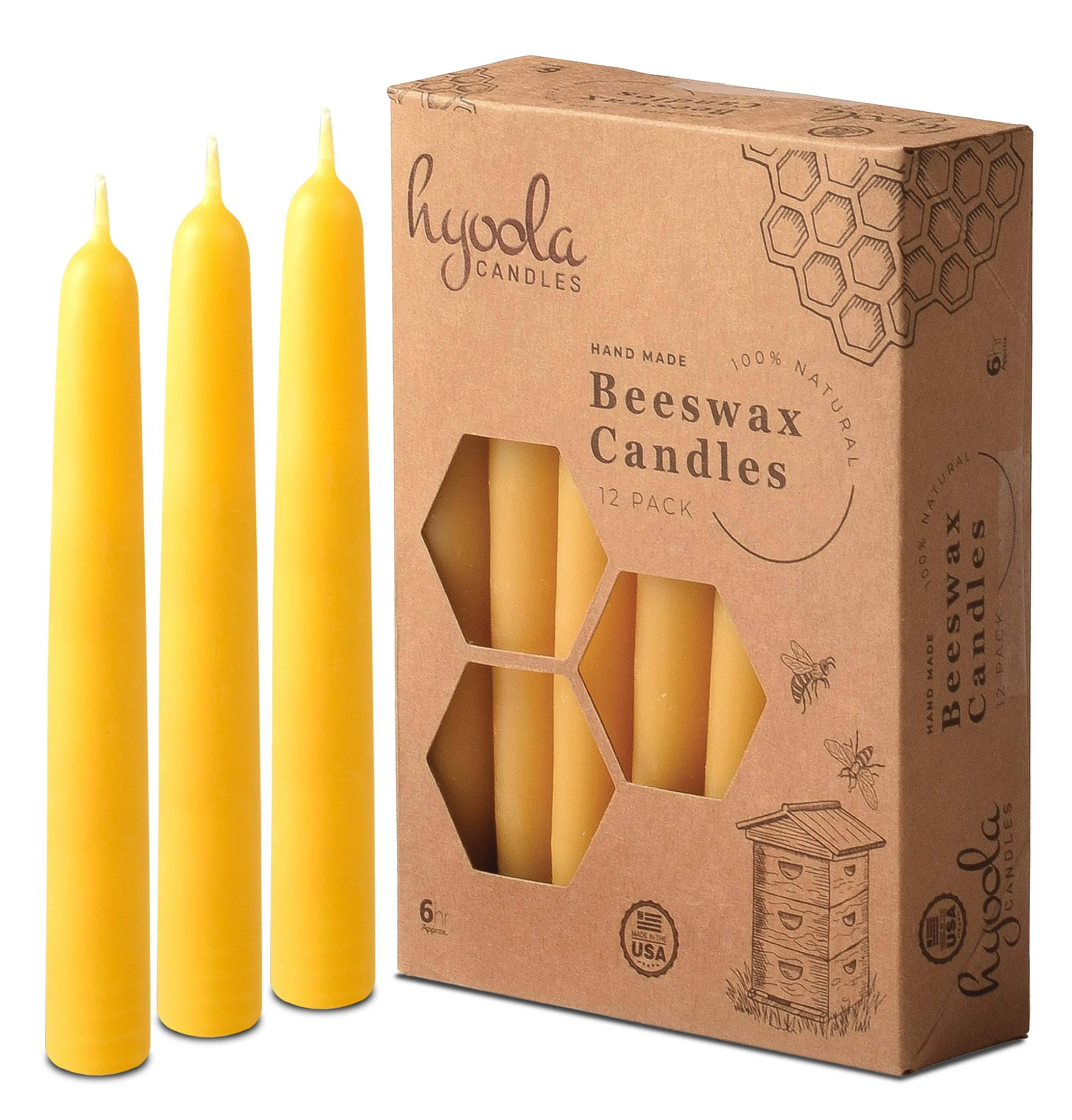 Yellow Beeswax 6" Taper Candles, Box of 12