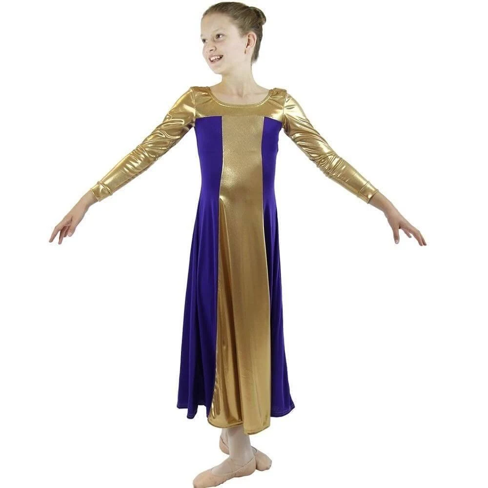 Danzcue Girls Metallic Color Block Long Sleeve Praise Dance Dress