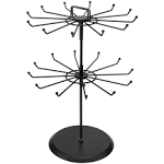 MyGift 2 Tier Black Metal Rotating Necklace and Bracelet Organizer Jewelry Stand with 24 Hooks, Multipurpose Accessory and Keychain Spinning Display Rack with Top Handle Card Holder