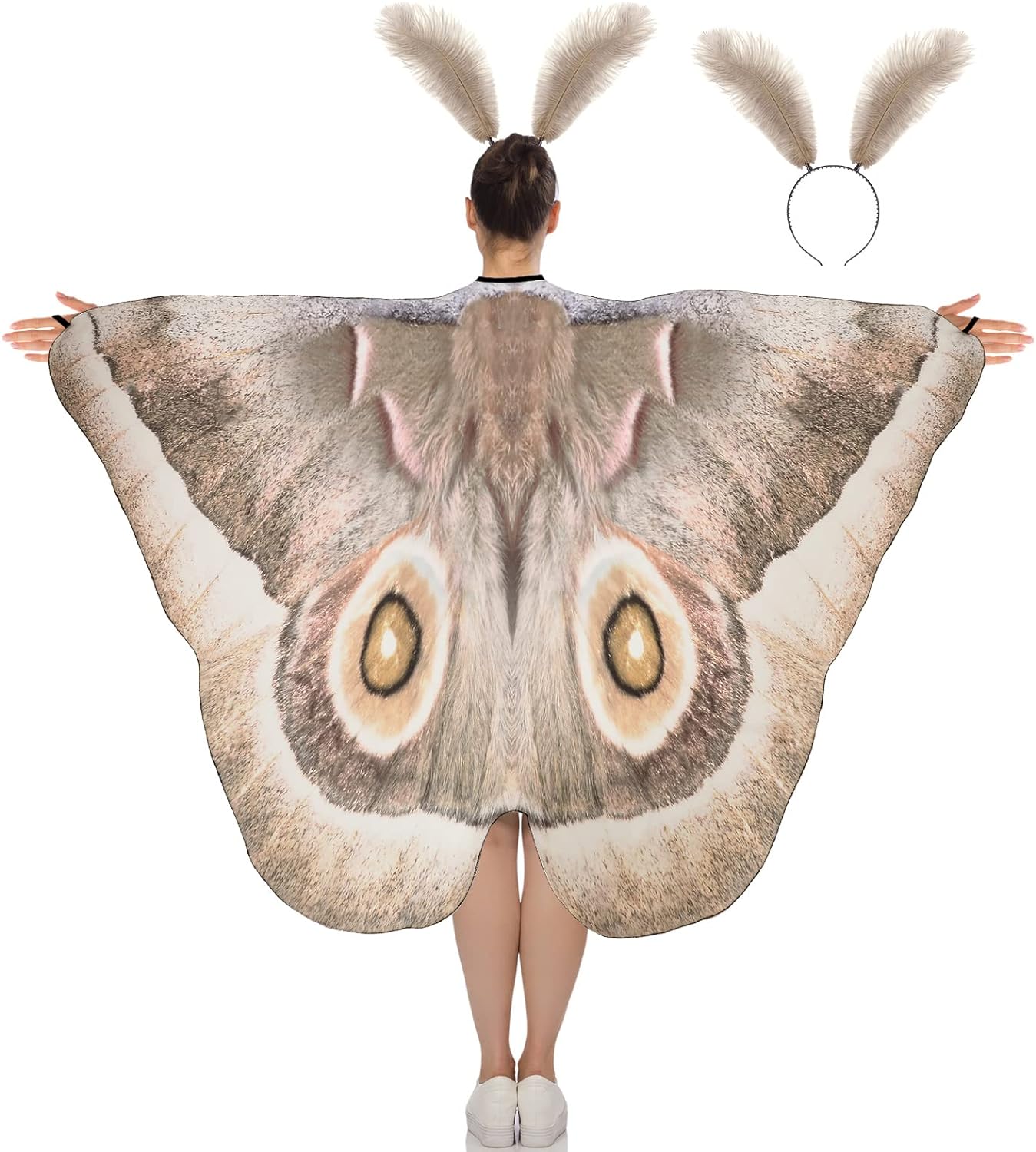 Moth Butterfly Wings Cape Adult Costume with Feather Headband for Halloween