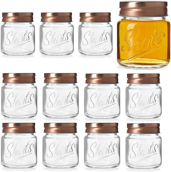 12 Pack Mini Mason Jar Shot Glasses with Lids, 2 oz for Ginger Shots, Juices, Cocktails, Homemade Sauces