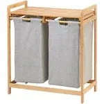 mDesign Freestanding Bamboo 2 Section Double Laundry Organizer Hamper with Removable Storage Sorter Bags, Space-Saving Basket Duo with Handles for Clothes/Linens - Echo Collection - Vintage