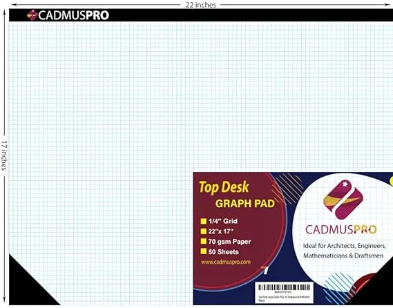 Top Desk Large 22"x17" Graph Paper Pad, 1/4" Quad Grid, 50 Sheets/pad, Sturdy Binding, Sketching, House & Commercial Buildings Plans, Drafting for Architects, Engineers & Draftsmen!