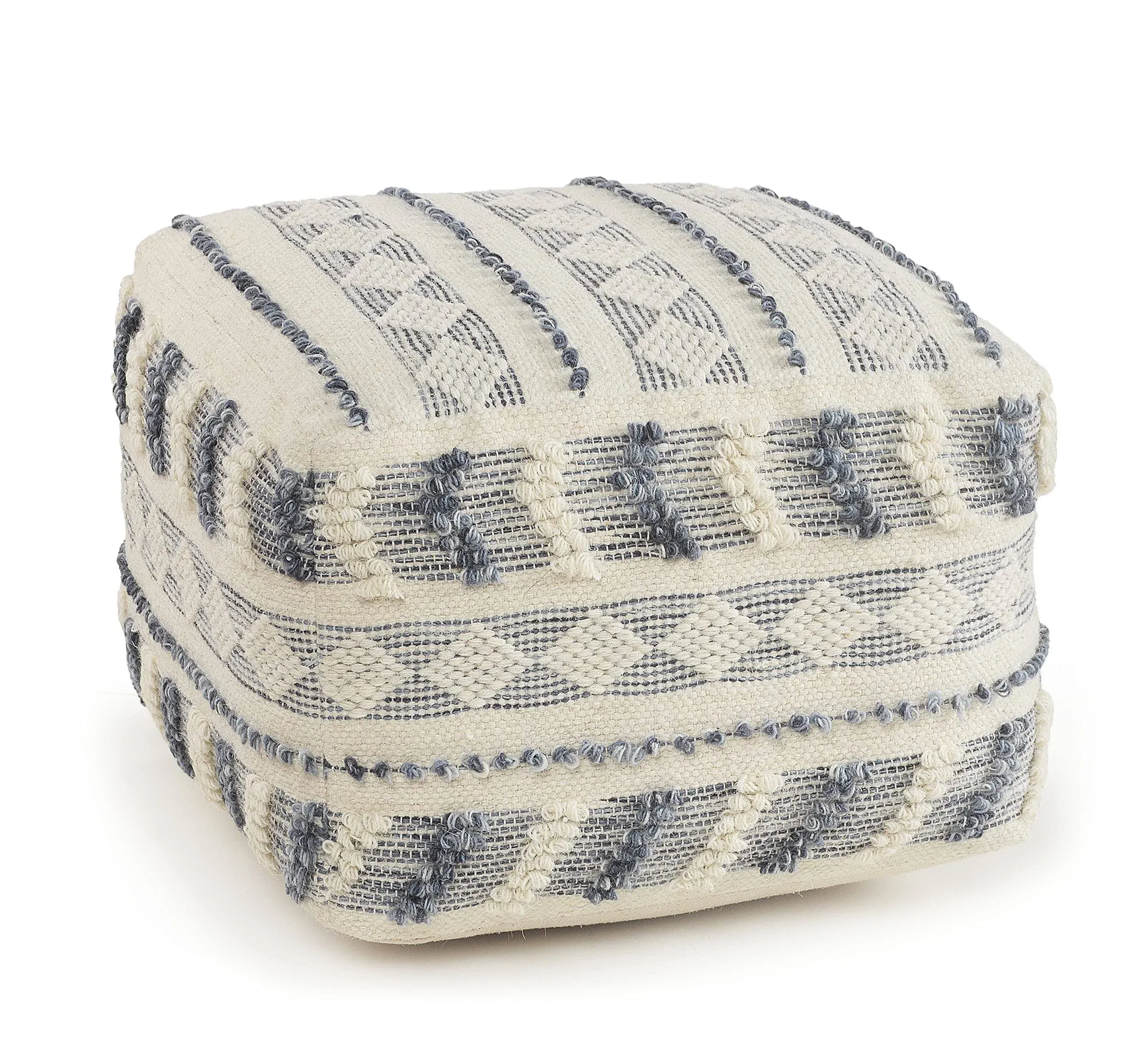 Lyla Navy/ivory Striped Hand-woven Wool Ottoman Pouf In Blue