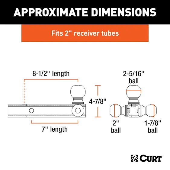 CURT 45652 Multi-Ball Trailer Hitch Ball Mount, 1-7/8, 2, 2-5/16-Inch Balls, Fits 2-Inch Receiver, 10,000 lbs