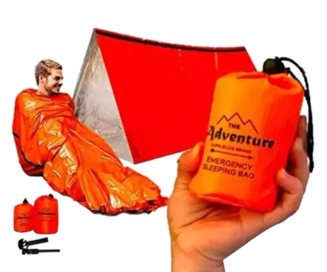 Emergency Sleeping Bag & Tent Shelter, Stocking Stuffer! Combo Prepper kit Survival Tent, Bivy Sack Tent, Sleeping Bag, Fire Starter + Whistle, Mylar Thermal Adventure Supply Co.