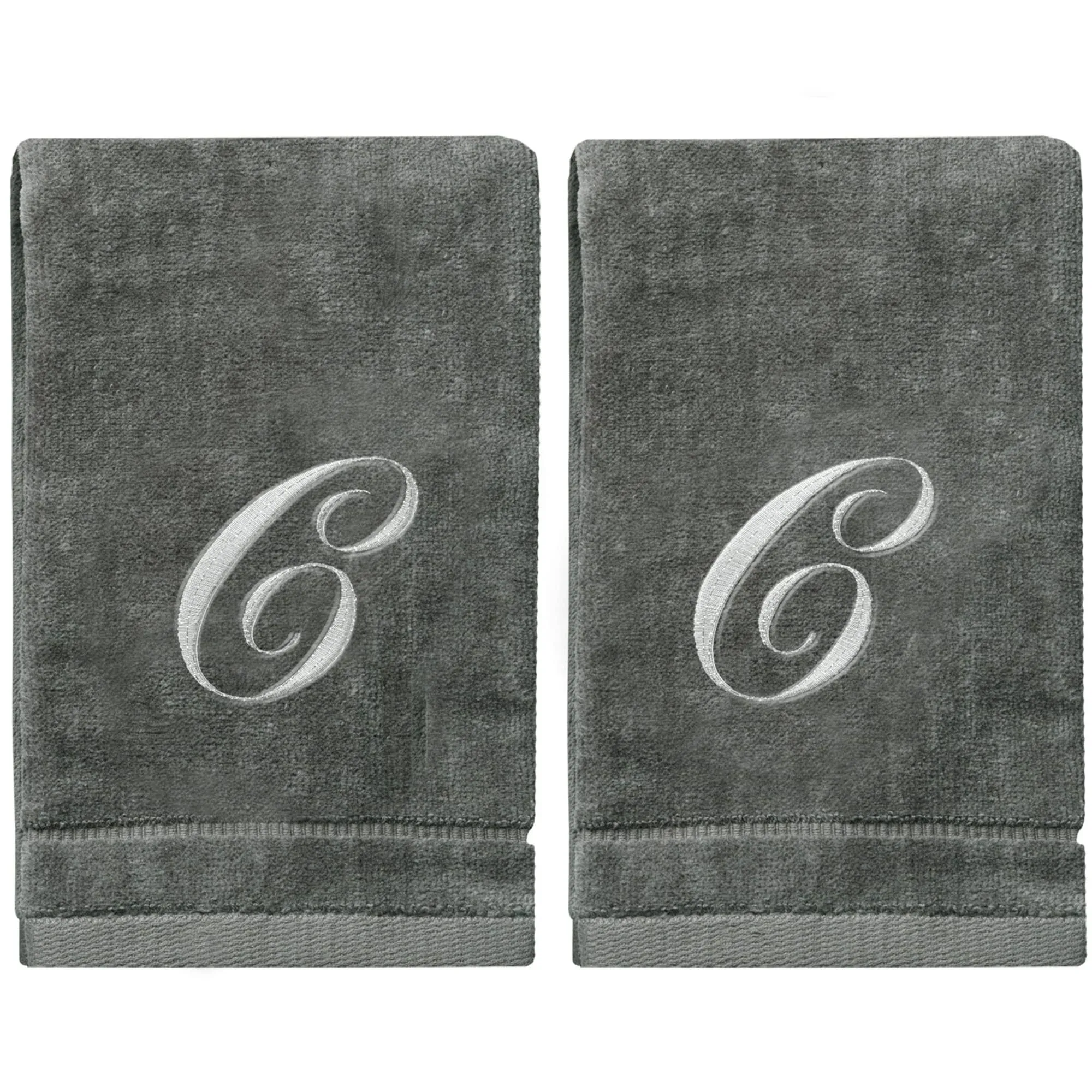 Monogrammed Towels Fingertip, Personalized Gift, 11 x 18 Inches - Set of 2- Silver Embroidered Towel - Extra Absorbent 100% Cotton- Soft Velour Finish - For Bathroom/ Kitchen/ Spa- Initial C (Gray)