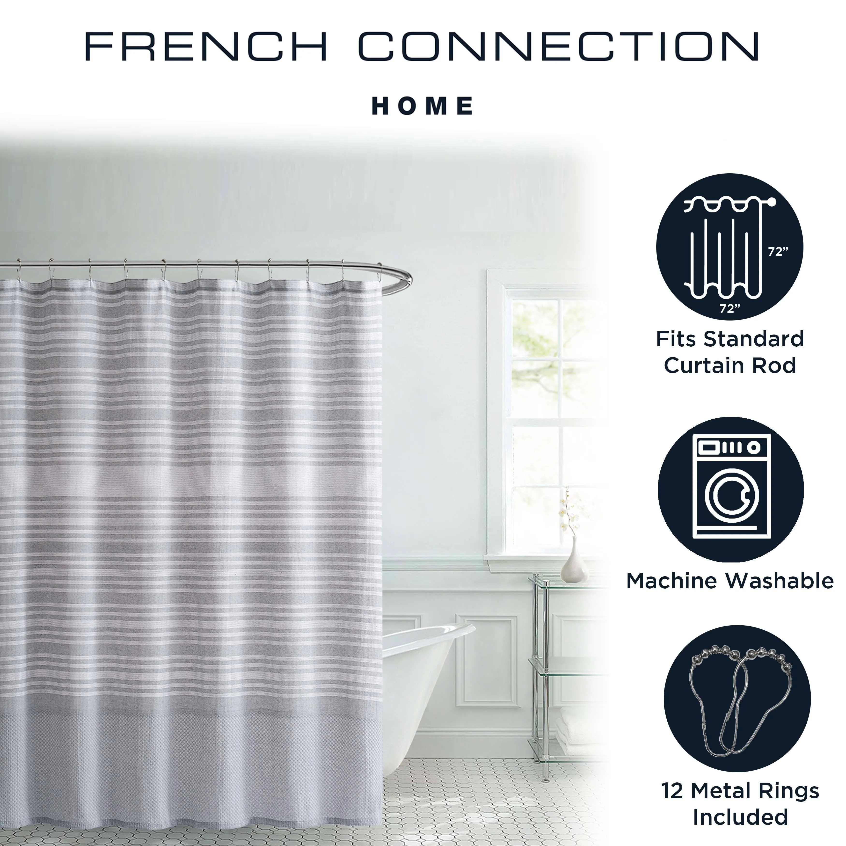 French Connection Medium Gray Shower Curtains - 13 Piece Dobby Set with 12 Rustproof Metal Hooks - Hotel Quality & Machine Washable, Standard Size 72x72, Medium Grey