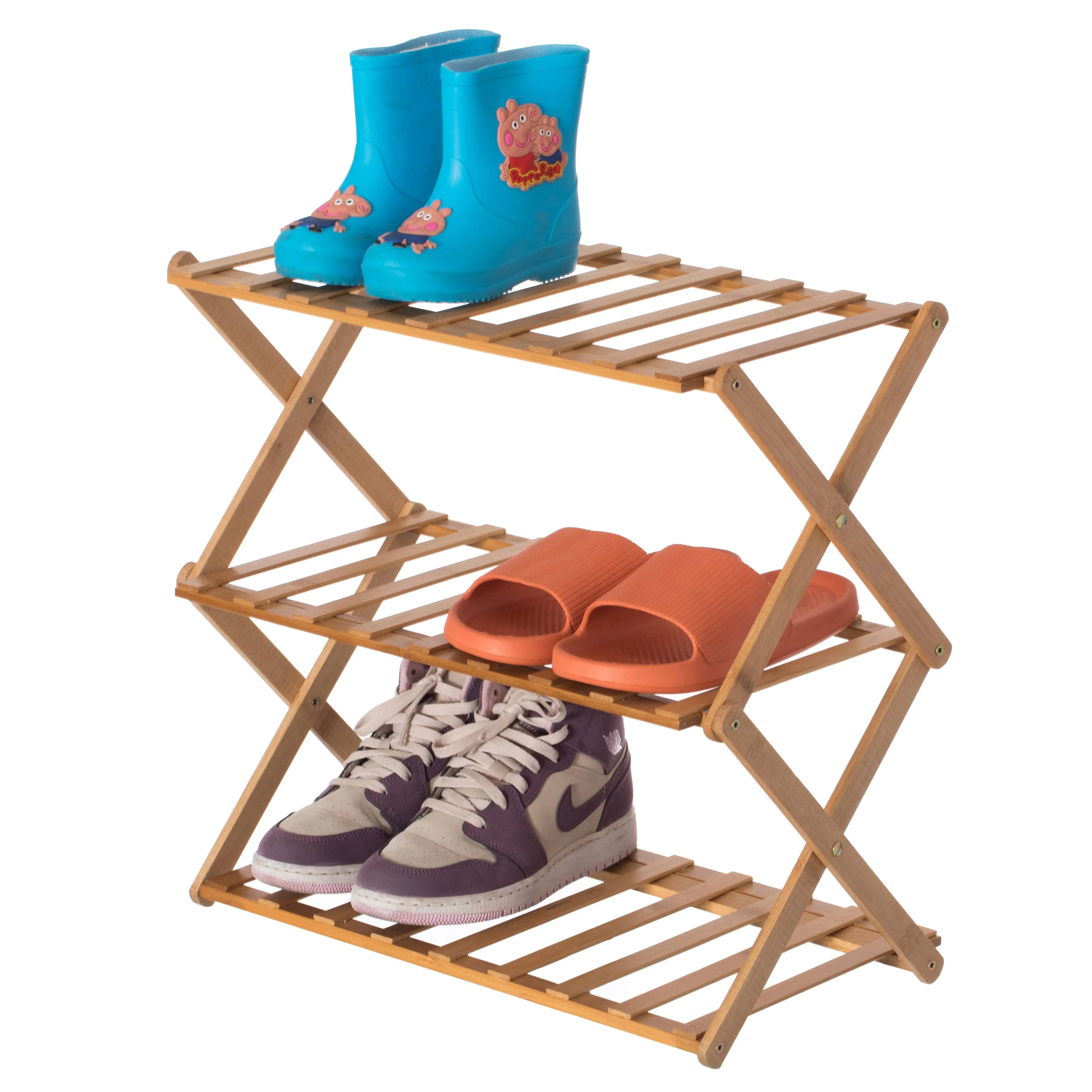 Bamboo Foldable Shoe Rack, Free Standing Shoe Organizer Storage Rack, 3 Tier