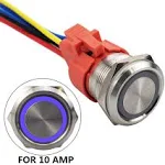 APIELE 10 Amp 22mm Latching Push Button Switch 12V Angel Eye LED Waterproof Stainless Steel Round Self-Locking 7/8'' 1NO 1NC 1 Pack (10 Amp/Blue Led)