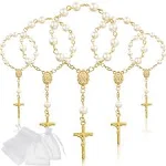 Junkin 30 Pieces Baptism Rosary Acrylic Rosary Beads Ivory Color Mini Finger Baptism Rosaries Gold Plated Faux Pearls with Organza Bags for Christening Weddings Party Favors