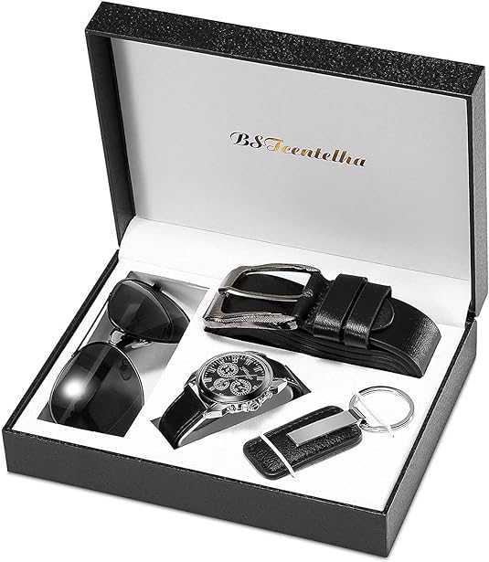 BSTcentelha Mens Gift Set,Mens Artificial Leather Watch Belt Keychain Sunglasses Gift Set,Valentine's Day Present Gift