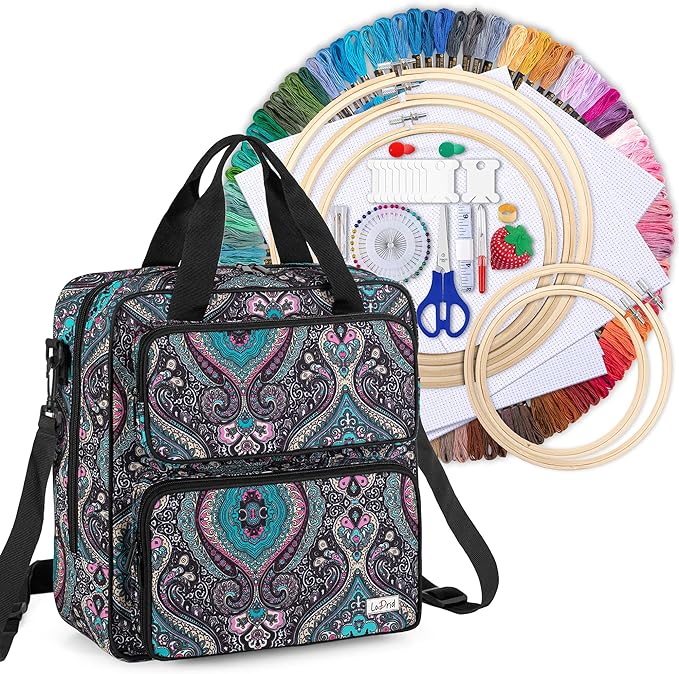 LoDrid Embroidery Starter Kit with Storage Bag, Cross Stitch Kits Tools with Case for Beginners, Adults, Craft Supplies Kits Bag for Easy Carrying, with Handles and Shoulder Strap, Totem