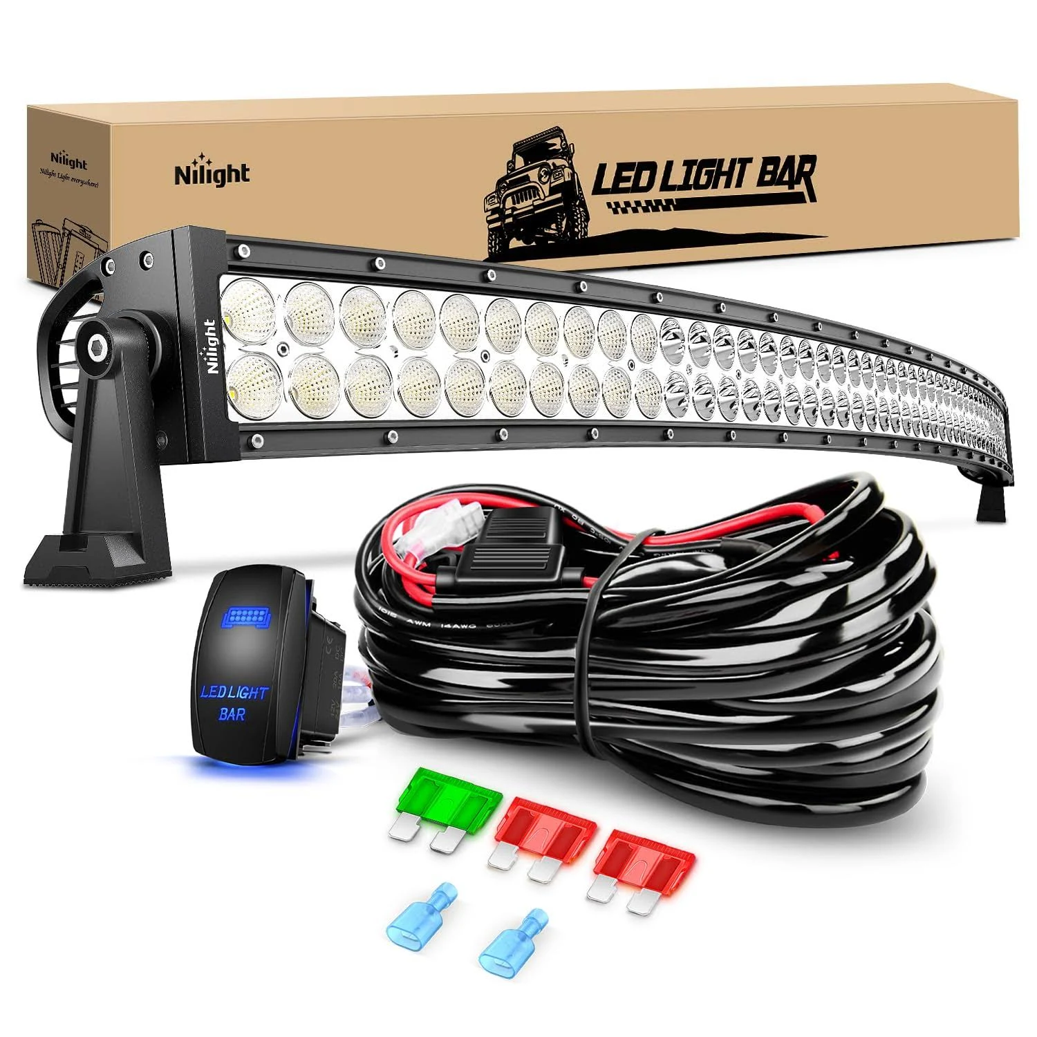 Nilight 50Inch 288W Double Row Curved Spot Flood LED Light Bar