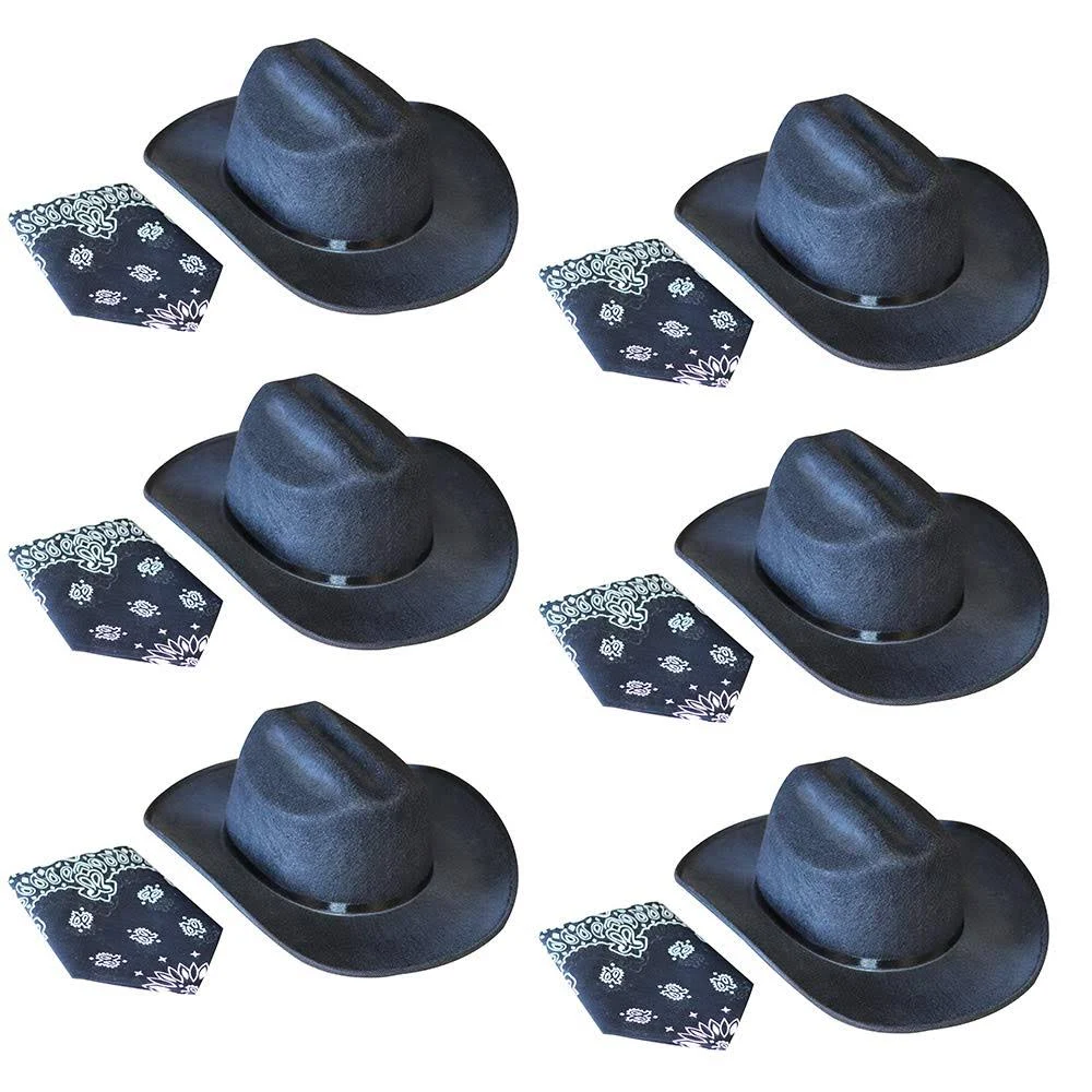 Aeromax Junior Cowboy Hat with Bandanna 6 Piece Party Pack, BLACK.