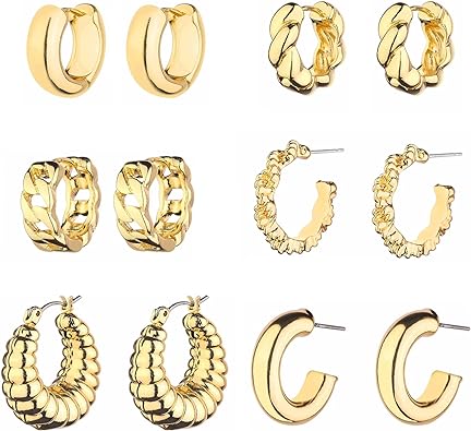 HILXURY Gold Chunky Hoop Earrings Set for Women, 14K Gold Plated Twisted Huggie Hoop Earring Hypoallergenic, Thick Open Hoops Set Lightweight