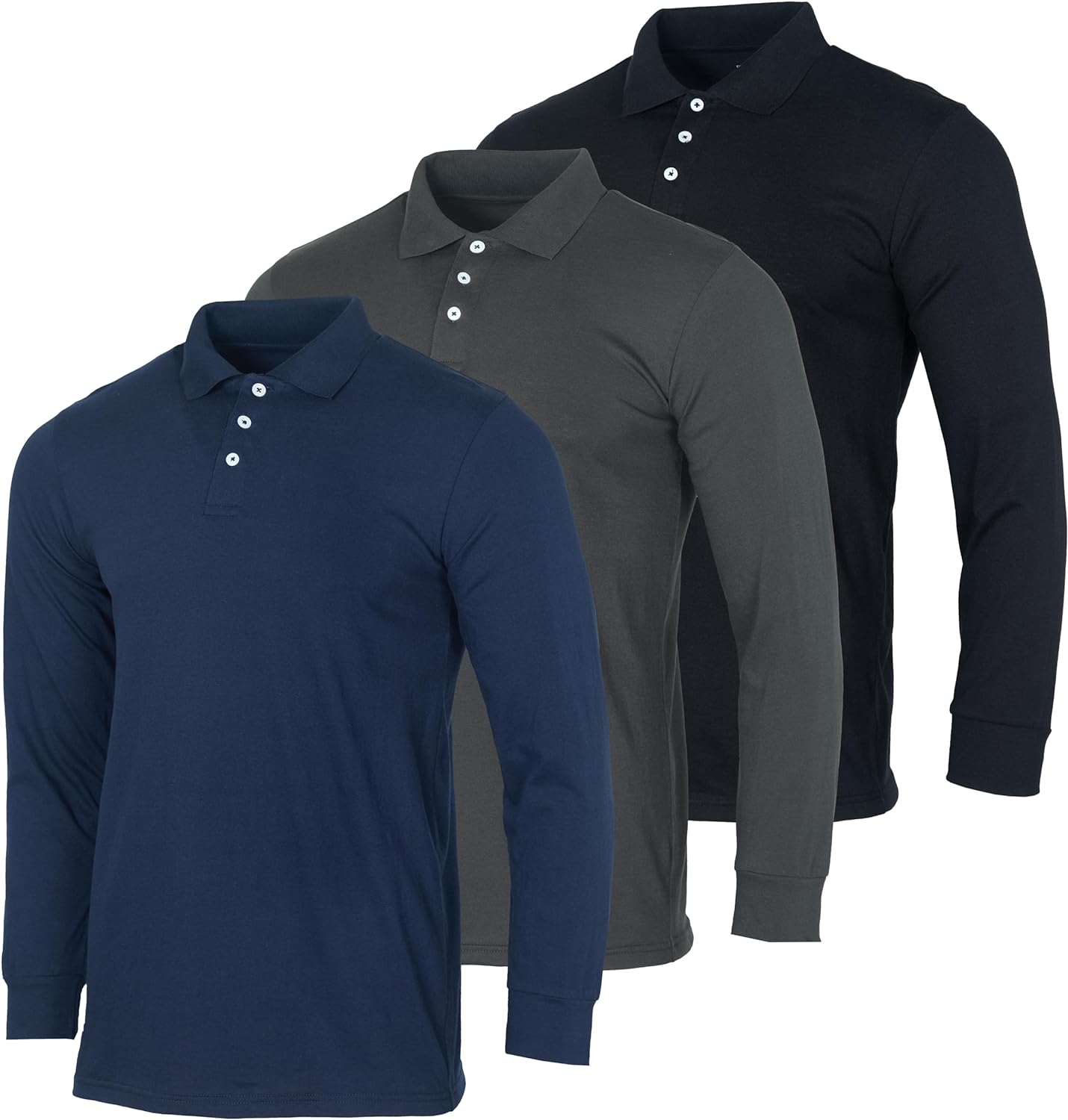 Real Essentials 3 Pack Men's Cotton Jersey Long-Sleeve Polo Shirt - Casual Workwear Office (Available in Big & Tall)