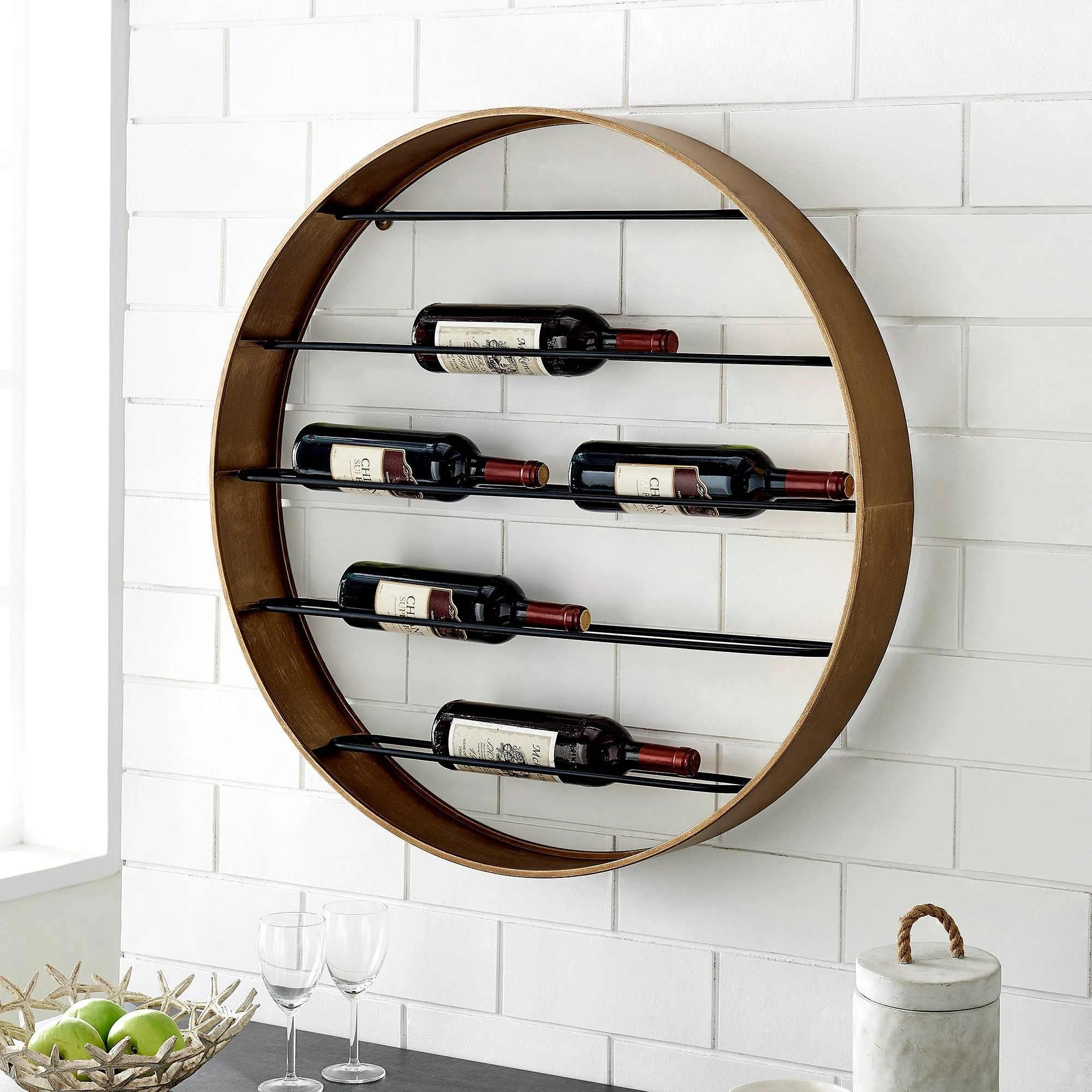 FirsTime & Co. Gold Riverland Wine Rack, Wall Mounted Floating Shelf for Kitchen, Dining Room, Metal, 31.5 inches