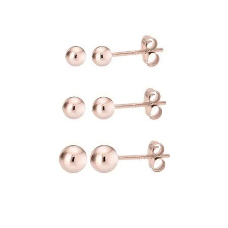 Rose Gold over 925 Silver High Polish Smooth Round Ball Stud Earring 3-Size Set - 3mm, 4mm, 5mm