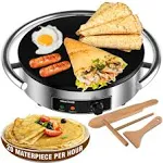 WantJoin Commercial Electric Crepe Maker 16 inch 110V Non-Stick 1700W Electric Crepe Machine Adjustable Temperature Control 403 Stainless Steel