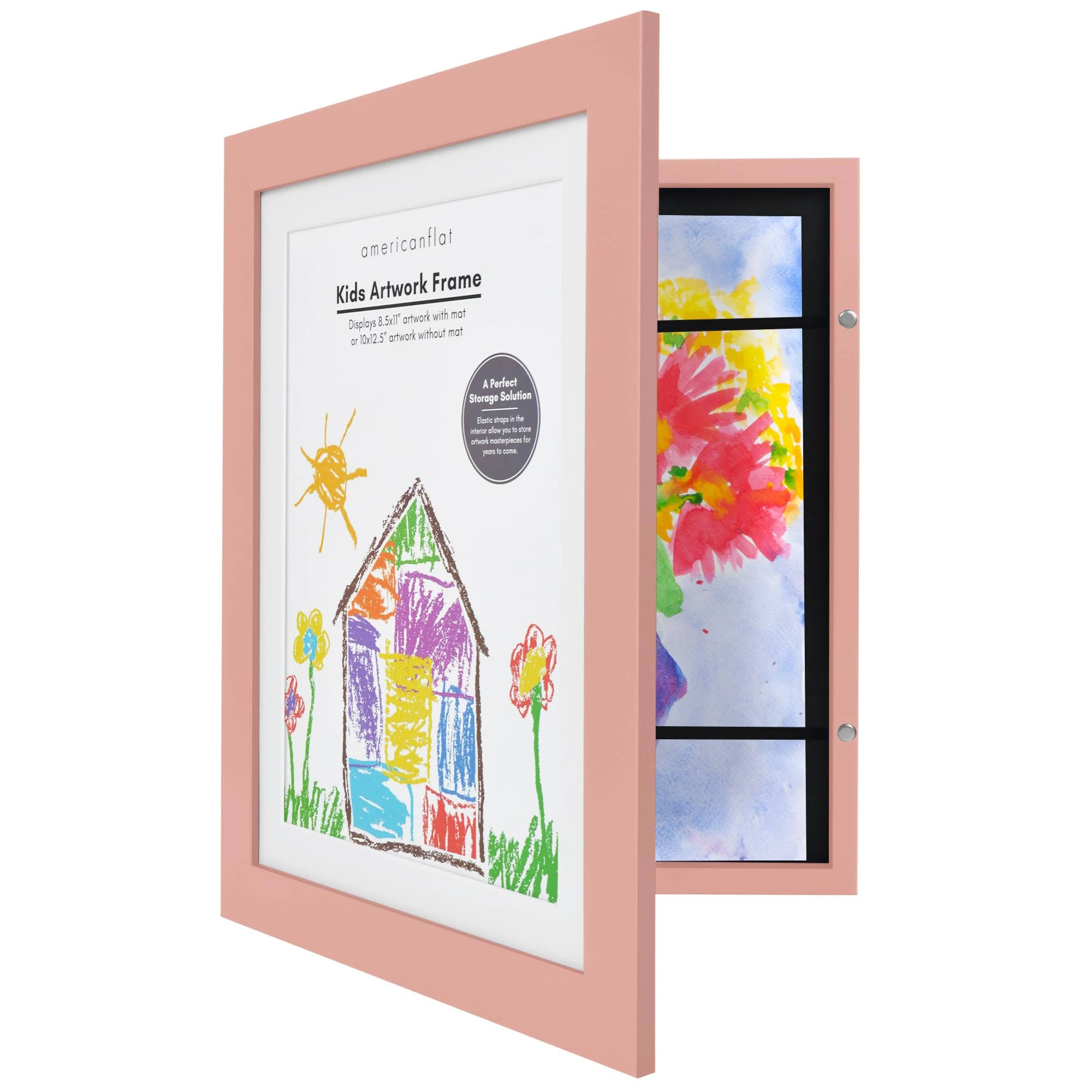 Americanflat 10x12.5 Kids Art Frame - Front Loading Picture Frame - Use as 8.5x11 Frame with Mat or 10x12.5 Frame Without Mat - My Mini Masterpiece - Holds 100 Artworks - Peachy Pink