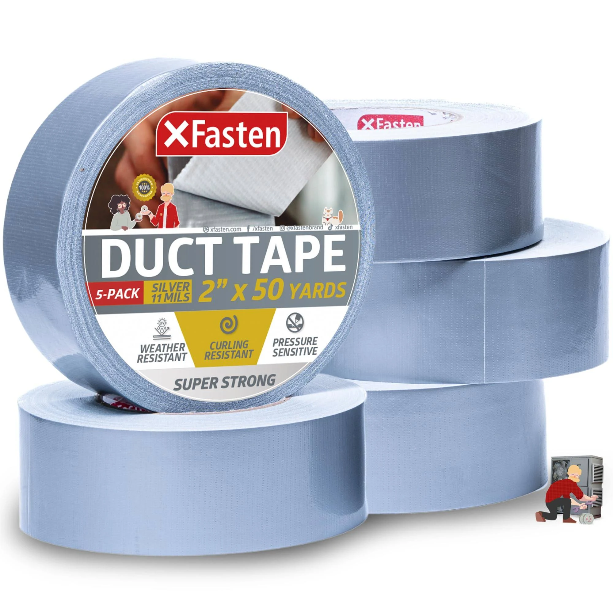 XFasten Silver Duct Tape Heavy Duty Waterproof 2 Inch x 50 Yards (5-Pack, 750...