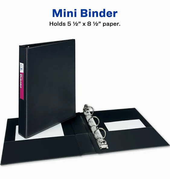 Avery Mini Durable 3 Ring Binders, 1" Round Rings, Holds 5-1/2" x 8-1/2" Paper, Spine ID Label Holder, 2 Black Binders (13456)