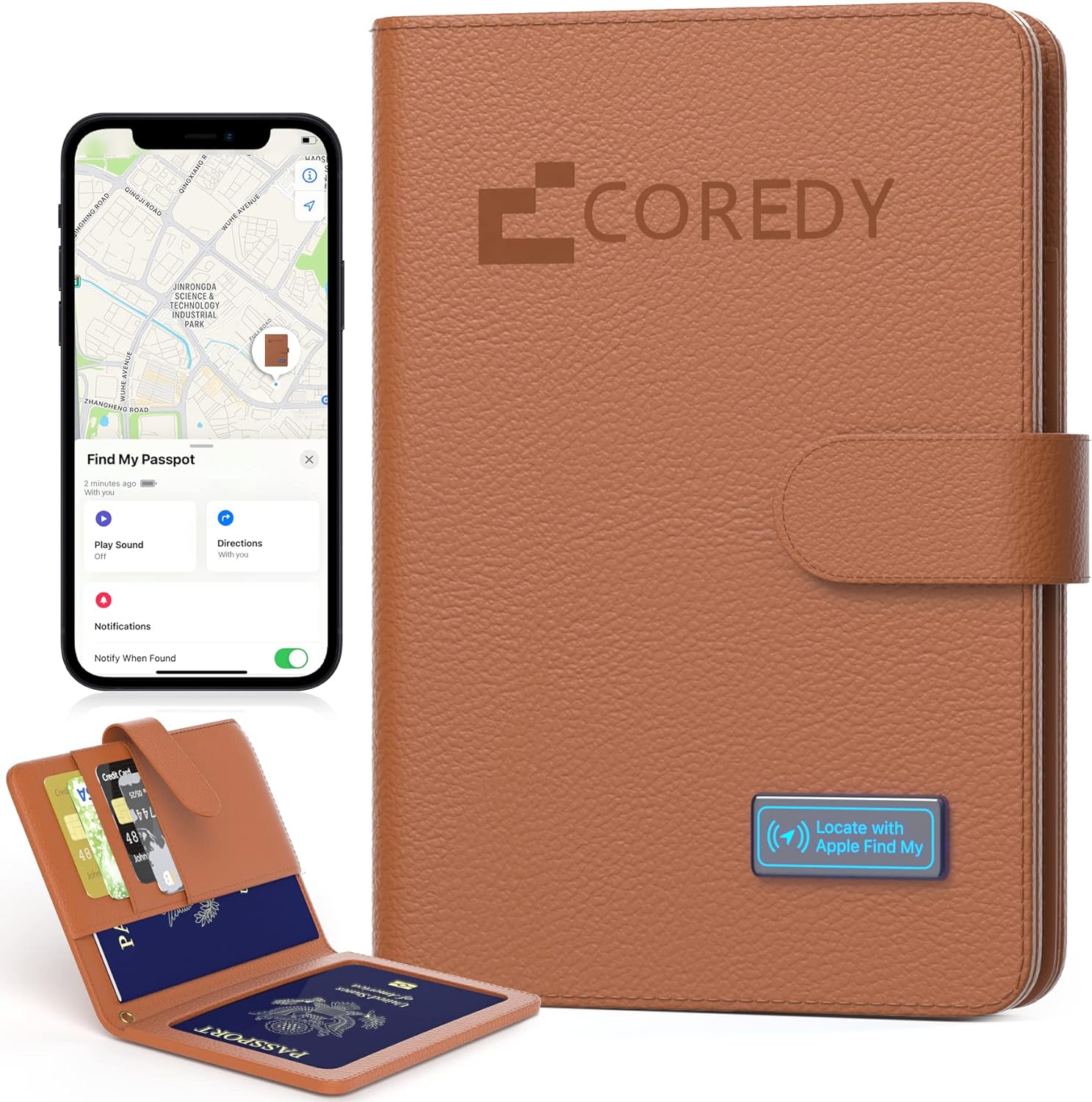 Coredy Passport Holder Travel Wallet Tracker, Locate with Apple Find My, Leather Passport Cover (Brown)