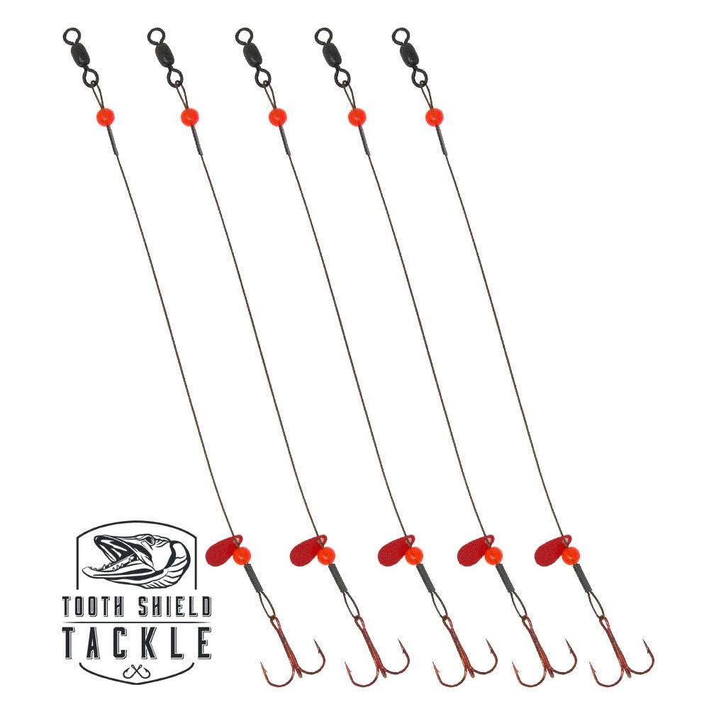 Ice Fishing Tip Up Leader Rig (90 lb) Ice Fishing Sucker Walleye Pike Musky Predator Rig (5 Pack) (Camo/Red Bead/Flipper)