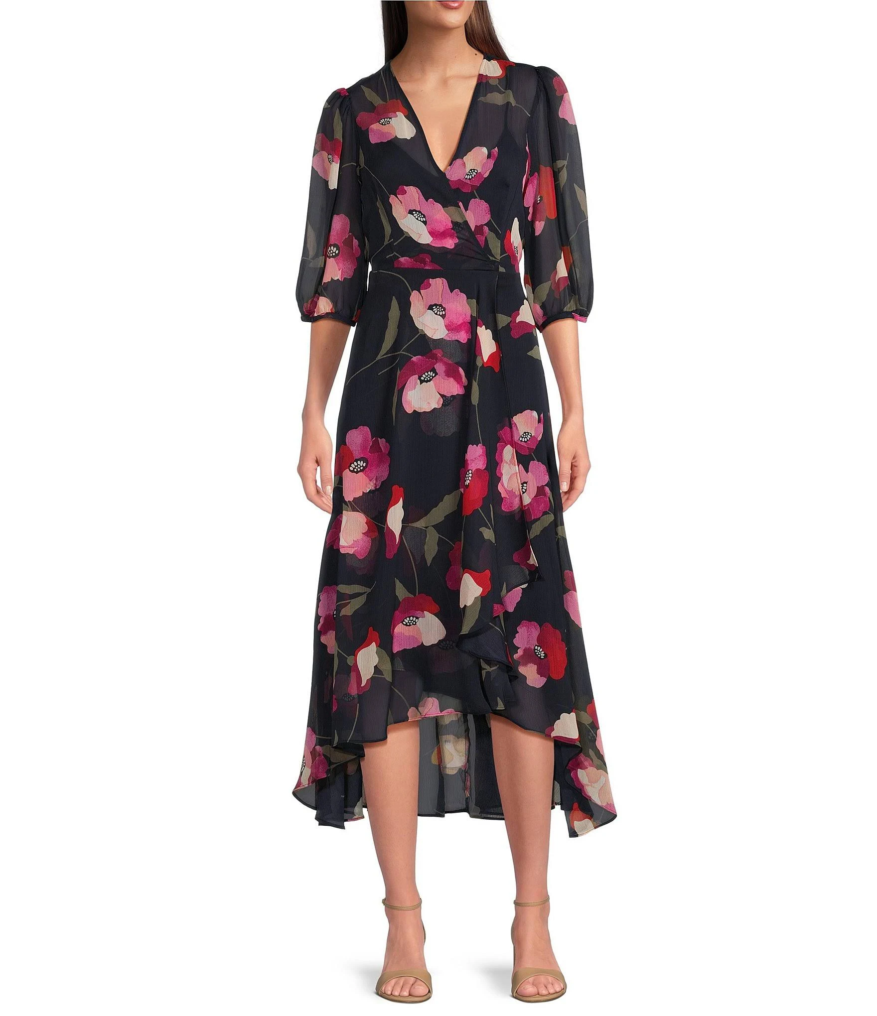 Calvin Klein Women's 34 Sleeve V-Neck Floral Chiffon Faux