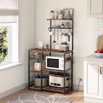 MAHANCRIS Bakers Rack with Power Outlet, Microwave Stand, Industrial Coffee Bar with Wire Basket, Kitchen Storage Rack with 6 S-Shaped Hooks, for Spices, Pots and Pans, Rustic Brown BRHR90E01Z