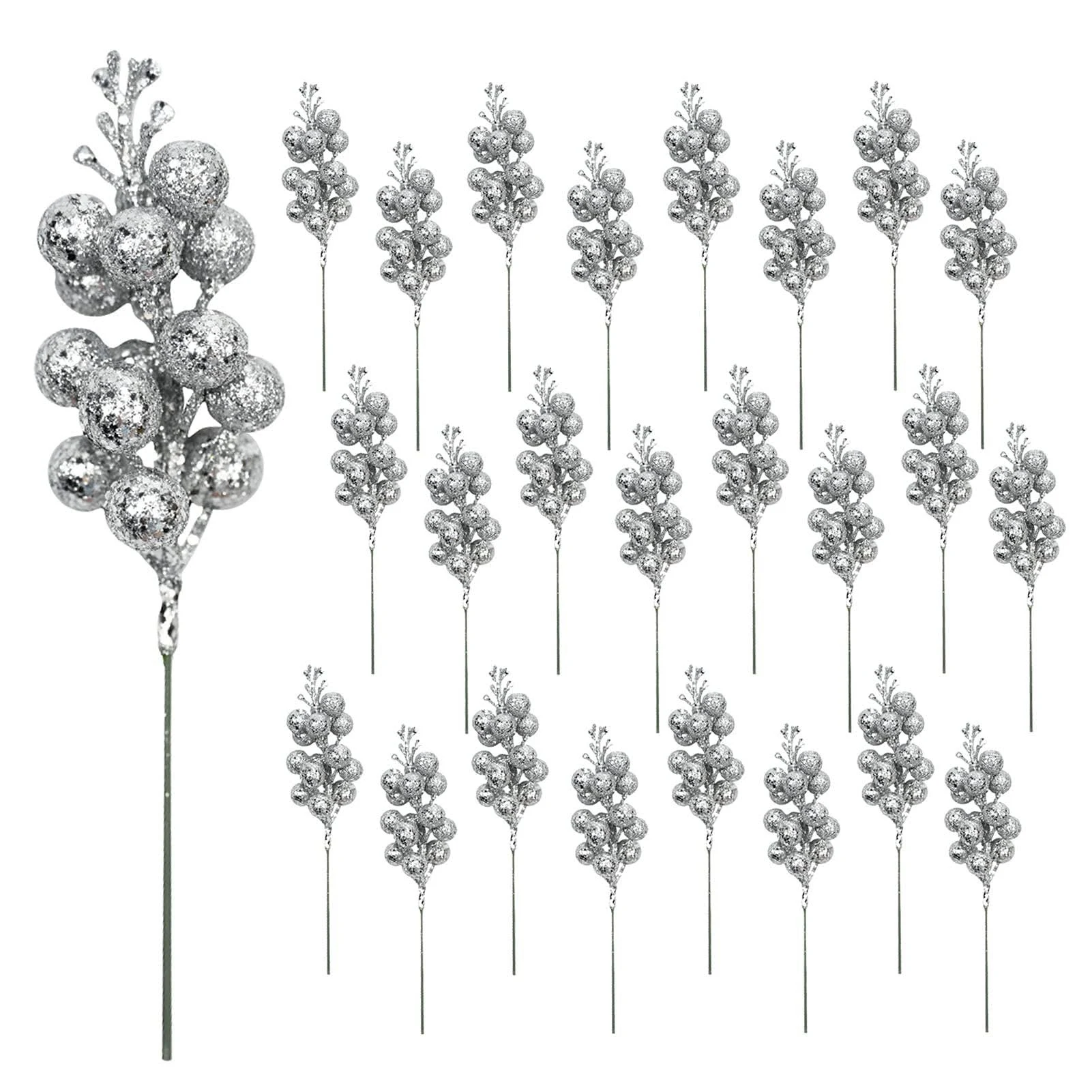 24 Pieces Christmas Glitter Berries Stems Artificial Berry Twig Stem Berry Picks Decorations for Christmas Ornaments, DIY Xmas Wreath, Holiday and Party Decor (Silver)