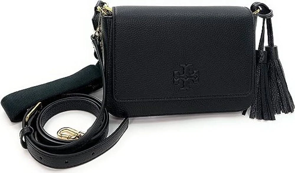 NWT Tory Burch Thea Web Flap Pebbled Leather Crossbody in Black