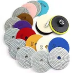 WORKEASE 4 inch Diamond Polishing Pads with 5/8-11 Backer Pad, 12pcs Wet/Dry Granite Stone Polish Pad Kit for Drill, Grinder, Polisher