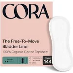 Cora Ultra Thin Organic Bladder Liners | Incontinence & Postpartum Pads for Women | Panty Liners for Bladder Leaks | Breathable Cotton (144 Long