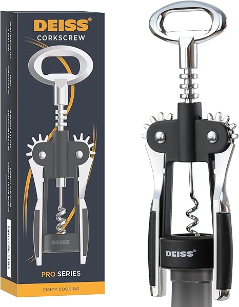 Deiss Pro Wing Corkscrew Wine Opener - 2 in 1 Wine Corkscrew and Beer Opener - The Easiest Way to Open Wine Bottle Corks - Reliable and Sturdy Wine