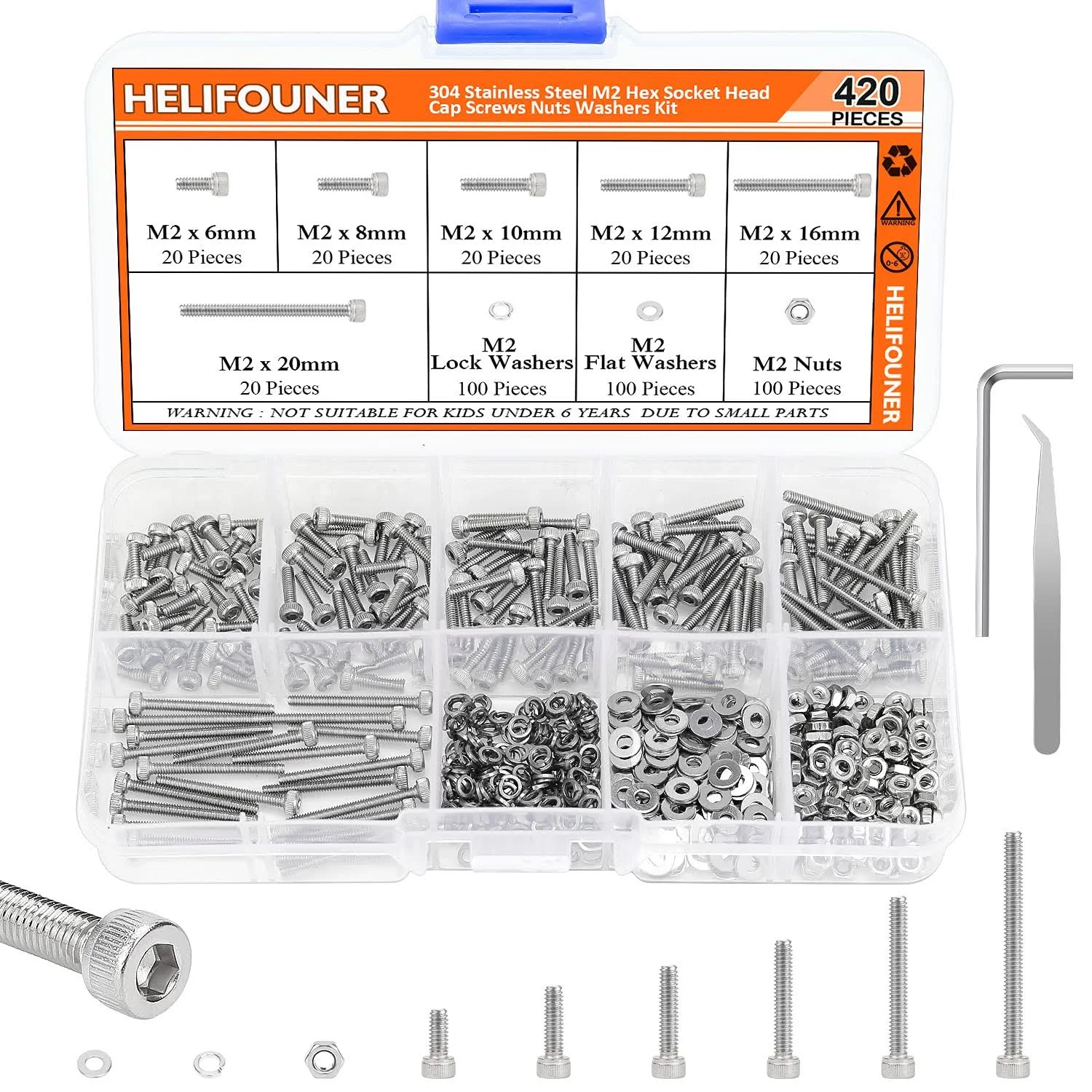 HELIFOUNER 420 Pieces M2 x 6mm /8mm /10mm /12mm /16mm /20mm, Hex Socket Head Cap ...